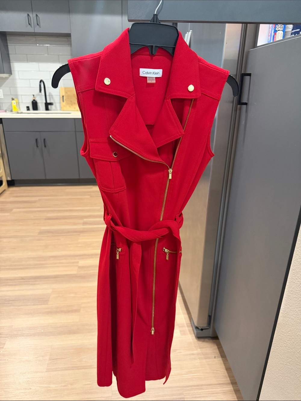 Calvin Klein Red Sleeveless Belted Moto Midi Dress with Gold Hardware
